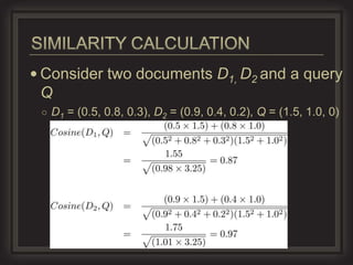  Consider two documents D1, D2 and a query
 Q
 ○ D1 = (0.5, 0.8, 0.3), D2 = (0.9, 0.4, 0.2), Q = (1.5, 1.0, 0)
 