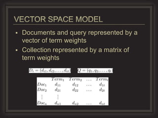  Documents and query represented by a
  vector of term weights
 Collection represented by a matrix of
  term weights
 