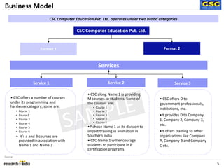 Business Model
                                     CSC Computer Education Pvt. Ltd. operates under two broad categories

                                                   CSC Computer Education Pvt. Ltd.


                             Format 1                                                            Format 2



                                                                 Services

                         Service 1                                         Service 2                   Service 3

                                                         • CSC along Name 1 is providing
    • CSC offers a number of courses                     M courses to students. Some of        • CSC offers D to


                                                LE
    under its programming and                            the courses are:                      government professionals,



                                              MP
    hardware category, some are:                            •   Course 1                       institutions, etc.



                                            SA
          •   Course 1                                      •   Course 2
          •   Course2                                       •   Course 3                       •It provides D to Company
          •   Course 3                                      •   Course 4                       1, Company 2, Company 3,
          •   Course 4                                      •   Course 5
                                                                                               etc.
          •   Course 5                                   •P chose Name 1 as its division to
          •   Course 6                                   impart training in animation in       •It offers training to other
          • it’s a and B courses are                     Southern India                        organizations like Company
           provided in association with                  • CSC-Name 1 will encourage           A, Company B and Company
           Name 1 and Name 2                             students to participate in P          C etc.
                                                         certification programs
Source:

                                                                                                                              5
 