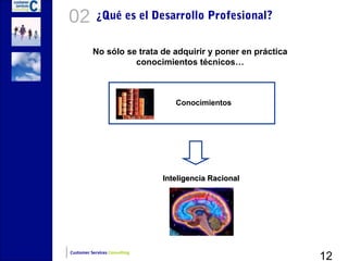 02          ¿Qué es el Desarrollo Profesional?


          No sólo se trata de adquirir y poner en práctica
                    conocimientos técnicos…



                                  Conocimientos




                               Inteligencia Racional




                                                             12
Customer Services Consulting
 