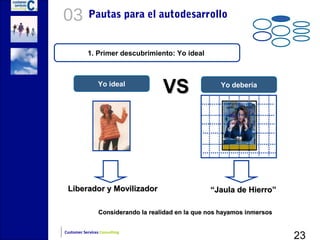 03          Pautas para el autodesarrollo


           1. Primer descubrimiento: Yo ideal



                 Yo ideal
                                     VS                Yo debería




 Liberador y Movilizador                            “Jaula de Hierro”

                 Considerando la realidad en la que nos hayamos inmersos


                                                                           23
Customer Services Consulting
 