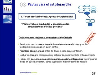 03          Pautas para el autodesarrollo


   3. Tercer descubrimiento: Agenda de Aprendizaje


   “Planes viables, graduados y adaptados a las
         circunstancias de cada persona”




                                                                                   o
                                                                                tiv
 Objetivos para mejorar la competencia de Oratoria




                                                                             ra
                                                                           st
                                                                       Ilu
 Realizar al menos dos presentaciones formales cada mes y recibir
  feedback de un colega en quien confío.
 Practicar con un amigo antes de llevar a cabo la presentación.
 Grabar en vídeo la presentación y solicitar posteriormente la crítica a mi jefe
 Hablar con personas más acostumbradas a dar conferencias y averiguar el
  modo en que lo preparan, cómo superan el miedo y cómo se relajan.




                                                                                37
  Customer Services Consulting
 