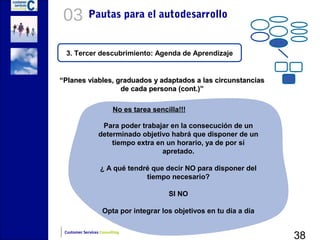 03          Pautas para el autodesarrollo


 3. Tercer descubrimiento: Agenda de Aprendizaje


“Planes viables, graduados y adaptados a las circunstancias
                  de cada persona (cont.)”

                         No es tarea sencilla!!!

                   Para poder trabajar en la consecución de un
                  determinado objetivo habrá que disponer de un
                      tiempo extra en un horario, ya de por sí
                                     apretado.

                   ¿ A qué tendré que decir NO para disponer del
                                tiempo necesario?

                                          SI NO

                    Opta por integrar los objetivos en tu día a día


                                                                      38
 Customer Services Consulting
 