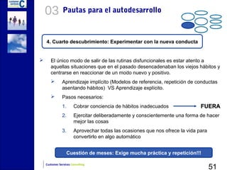 03          Pautas para el autodesarrollo



    4. Cuarto descubrimiento: Experimentar con la nueva conducta


      El único modo de salir de las rutinas disfuncionales es estar atento a
       aquellas situaciones que en el pasado desencadenaban los viejos hábitos y
       centrarse en reaccionar de un modo nuevo y positivo.
              Aprendizaje implícito (Modelos de referencia, repetición de conductas
               asentando hábitos) VS Aprendizaje explícito.
              Pasos necesarios:
               1.       Cobrar conciencia de hábitos inadecuados               FUERA
               2.       Ejercitar deliberadamente y conscientemente una forma de hacer
                        mejor las cosas
               3.       Aprovechar todas las ocasiones que nos ofrece la vida para
                        convertirlo en algo automático


                    Cuestión de meses: Exige mucha práctica y repetición!!!

                                                                                     51
    Customer Services Consulting
 