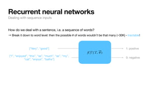 How do we deal with a sentence, i.e. a sequence of words?
→ Break it down to word level: then the possible # of words wouldn’t be that many (~30K) - tractable!
Recurrent neural networks
Dealing with sequence inputs
[“Very”, “good”] 1: positive
[“I”, “enjoyed”, “this”, “as”, “much”, “as”, “my”,
“cat”, “enjoys”, “baths”]
0: negative
f( ⃗
y | ⃗
x , ⃗
θ )
 