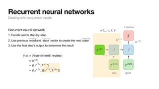 f f
Very good
1: positive
h<1>
h<2>
h<0>
P( ⃗
h t+1 | ⃗
x t, ⃗
h t, ⃗
θ )
Recurrent neural network
1. Handle words step-by-step.
2. Use previous and vector to create the next
3. Use the final step’s output to determine the result
⃗
word ⃗
state ⃗
state'
Step 1
Step 1
Recurrent neural networks
Dealing with sequence inputs
̂
y(s) = P(sentiment|review)
= h<2>
= f(x<2>
, h<1>
)
= f(x<2>
, f(x<1>
, h<0>
))
 