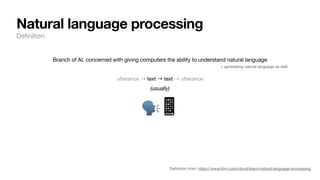 Natural language processing
De
fi
nition
Branch of AI, concerned with giving computers the ability to understand natural language
utterance → text → text → utterance
(usually)
🗣📱
De
fi
nition from: https://www.ibm.com/cloud/learn/natural-language-processing
+ generating natural language as well
 