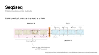 Same principal: produce one word at a time
Seq2seq
Producing sequence outputs
Words are read by encoder RNN
and is updated
⃗
state
Image source: https://towardsdatascience.com/sequence-to-sequence-tutorial-4fde3ee798d8
 