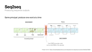 Same principal: produce one word at a time
Seq2seq
Producing sequence outputs
Final of encoder is fed
as the initial of the decoder
⃗
state
⃗
state0
Image source: https://towardsdatascience.com/sequence-to-sequence-tutorial-4fde3ee798d8
 
