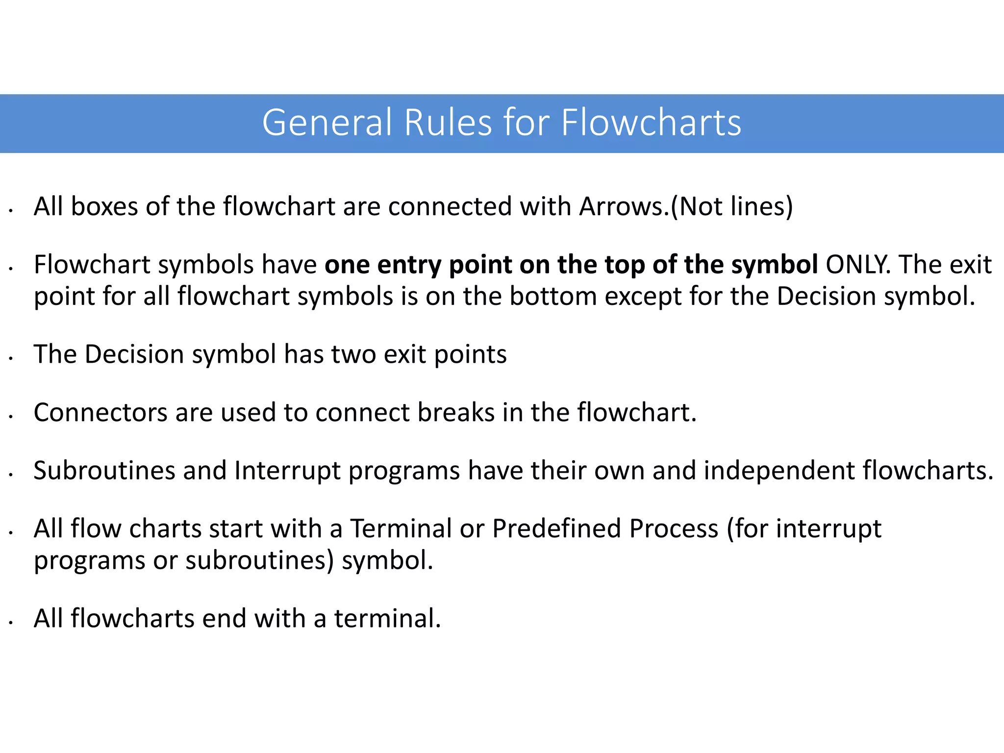 General Rules for Flowcharts • All boxes of the flowchart are connected with Arrows.(Not lines) • Flowchart symbols have one entry point on the top of the symbol ONLY. The exit point for all flowchart symbols is on the bottom except for the Decision symbol. • The Decision symbol has two exit points • Connectors are used to connect breaks in the flowchart. • Subroutines and Interrupt programs have their own and independent flowcharts. • All flow charts start with a Terminal or Predefined Process (for interrupt programs or subroutines) symbol. • All flowcharts end with a terminal. 