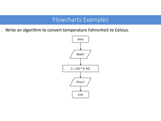 Flowcharts Examples
• Write an algorithm to convert temperature Fahrenheit to Celsius.
Start
Read F
C = 5/9 * (F-32)
Print C
End
 