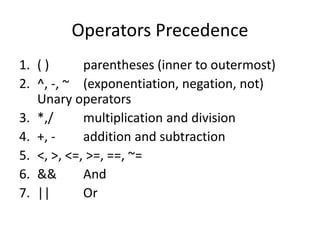 Operators Precedence
1. ( ) parentheses (inner to outermost)
2. ^, -, ~ (exponentiation, negation, not)
Unary operators
3. *,/ multiplication and division
4. +, - addition and subtraction
5. <, >, <=, >=, ==, ~=
6. && And
7. || Or
 