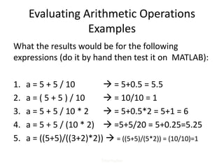 Etter/Ingber
Evaluating Arithmetic Operations
Examples
What the results would be for the following
expressions (do it by hand then test it on MATLAB):
1. a = 5 + 5 / 10  = 5+0.5 = 5.5
2. a = ( 5 + 5 ) / 10  = 10/10 = 1
3. a = 5 + 5 / 10 * 2  = 5+0.5*2 = 5+1 = 6
4. a = 5 + 5 / (10 * 2)  =5+5/20 = 5+0.25=5.25
5. a = ((5+5)/((3+2)*2))  = ((5+5)/(5*2)) = (10/10)=1
 