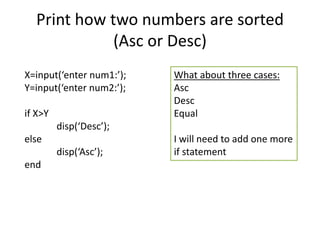 Print how two numbers are sorted
(Asc or Desc)
X=input(‘enter num1:’);
Y=input(‘enter num2:’);
if X>Y
disp(‘Desc’);
else
disp(‘Asc’);
end
What about three cases:
Asc
Desc
Equal
I will need to add one more
if statement
 