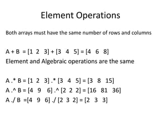 Element Operations
Both arrays must have the same number of rows and columns
A + B = [1 2 3] + [3 4 5] = [4 6 8]
Element and Algebraic operations are the same
A .* B = [1 2 3] .* [3 4 5] = [3 8 15]
A .^ B = [4 9 6] .^ [2 2 2] = [16 81 36]
A ./ B =[4 9 6] ./ [2 3 2] = [2 3 3]
 