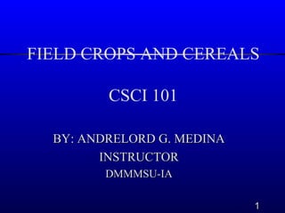 11
FIELD CROPS AND CEREALS
CSCI 101
BY: ANDRELORD G. MEDINABY: ANDRELORD G. MEDINA
INSTRUCTORINSTRUCTOR
DMMMSU-IADMMMSU-IA
 