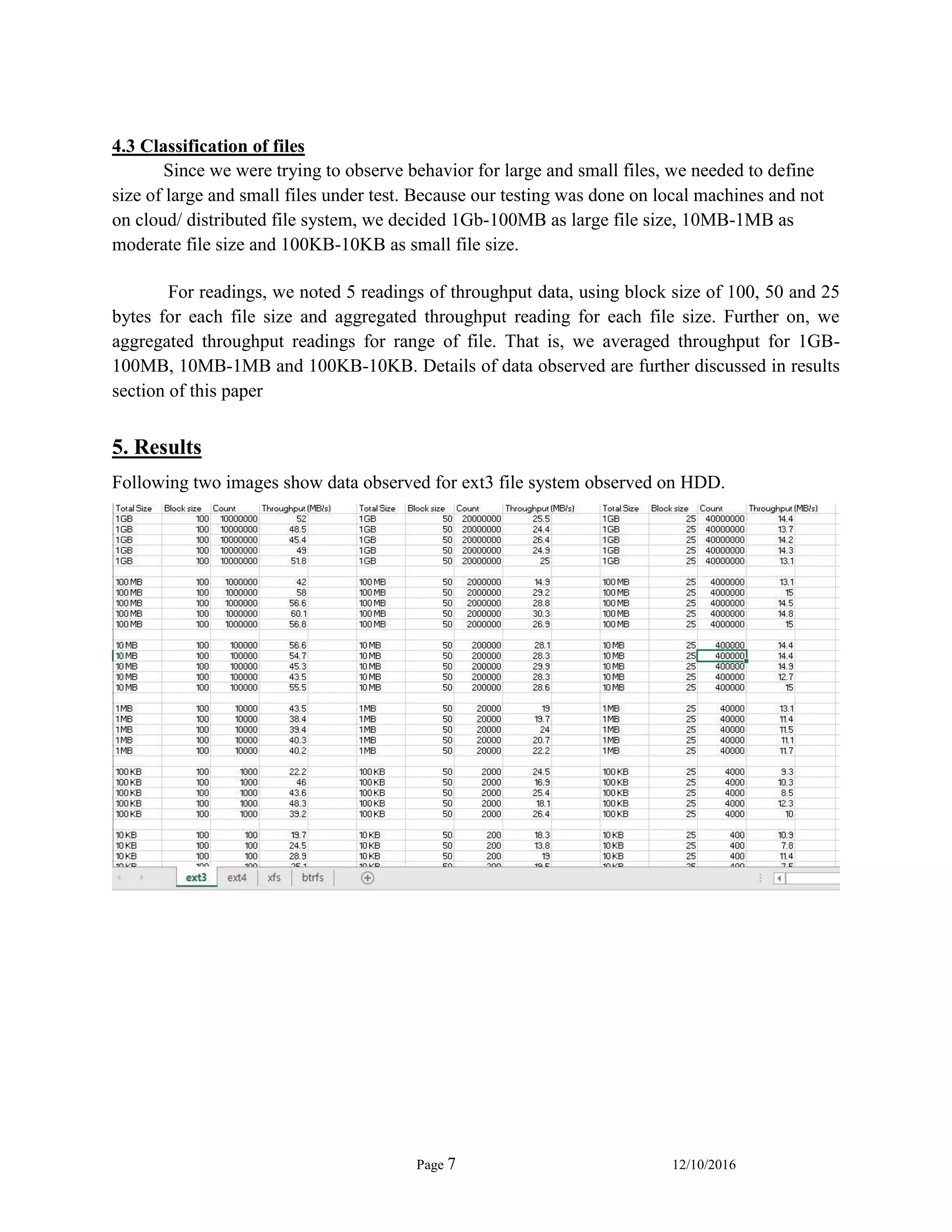 Page 7 12/10/2016
4.3 Classification of files
Since we were trying to observe behavior for large and small files, we needed to define
size of large and small files under test. Because our testing was done on local machines and not
on cloud/ distributed file system, we decided 1Gb-100MB as large file size, 10MB-1MB as
moderate file size and 100KB-10KB as small file size.
For readings, we noted 5 readings of throughput data, using block size of 100, 50 and 25
bytes for each file size and aggregated throughput reading for each file size. Further on, we
aggregated throughput readings for range of file. That is, we averaged throughput for 1GB-
100MB, 10MB-1MB and 100KB-10KB. Details of data observed are further discussed in results
section of this paper
5. Results
Following two images show data observed for ext3 file system observed on HDD.
 