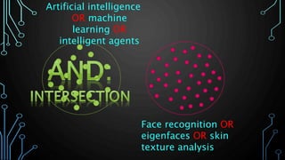 Face recognition OR
eigenfaces OR skin
texture analysis
Artificial intelligence
OR machine
learning OR
intelligent agents
 