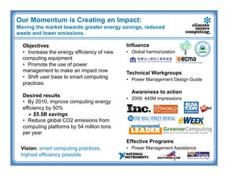 Our Momentum is Creating an Impact:
Moving the market towards greater energy savings, reduced
waste and lower emissions.

  Objectives                                 Influence
  •  Increase the energy efficiency of new   •  Global harmonization
  computing equipment
  •  Promote the use of power
  management to make an impact now           Technical Workgroups
  •  Shift user base to smart computing      •  Power Management Design Guide
  practices
                                               Awareness to action
  Desired results
                                             •  2009: 445M impressions
  •  By 2010, improve computing energy
  efficiency by 50%
      $5.5B savings
  •  Reduce global CO2 emissions from
  computing platforms by 54 million tons
  per year
                                             Effective Programs
 Vision: smart computing practices,          •  Power Management Assistance
 highest efficiency possible
 