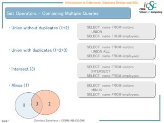 Zornitsa Zaharieva – CERN /AB-CO-DM/
Introduction to Databases, Database Design and SQL
34/47
Set Operators – Combining Multiple Queries
• Union without duplicates (1+2)
• Union with duplicates (1+2+3)
• Intersect (3)
• Minus (1)
SELECT name FROM visitors
UNION
SELECT name FROM employees;
SELECT name FROM visitors
INTERSECT
SELECT name FROM employees;
SELECT name FROM visitors
MINUS
SELECT name FROM employees;
SELECT name FROM visitors
UNION ALL
SELECT name FROM employees;
1 2
3
 
