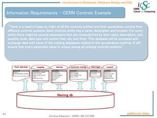 Introduction to Databases, Database Design and SQL
Information Requirements – CERN Controls Example
“There is a need to keep an index of all the controls entities and their parameters coming from
different controls systems. Each controls entity has a name, description and location. For every
entity there might be several parameters that are characterized by their name, description, unit,
quantity code, data type and system they are sent from. This database will be accessed and
exchange data with some of the existing databases related to the accelerators controls. It will
ensure that every parameter name is unique among all existing controls systems.”
Naming db
Zornitsa Zaharieva – CERN /AB-CO-DM/
additional slides
A1
 