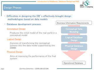 Zornitsa Zaharieva – CERN /AB-CO-DM/
Introduction to Databases, Database Design and SQL
7/47
Design Phases
• Difficulties in designing the DB’s effectively brought design
methodologies based on data models
• Database development process
Conceptual Design
Produces the initial model of the real world in a
conceptual model
Logical Design
Consists of transforming the conceptual
schema into the data model supported by the
DBMS
Physical Design
Aims at improving the performance of the final
system
Business Information Requirements
Conceptual Data
Modeling
Logical Database
Design
Physical Database
Design
Operational Database
 