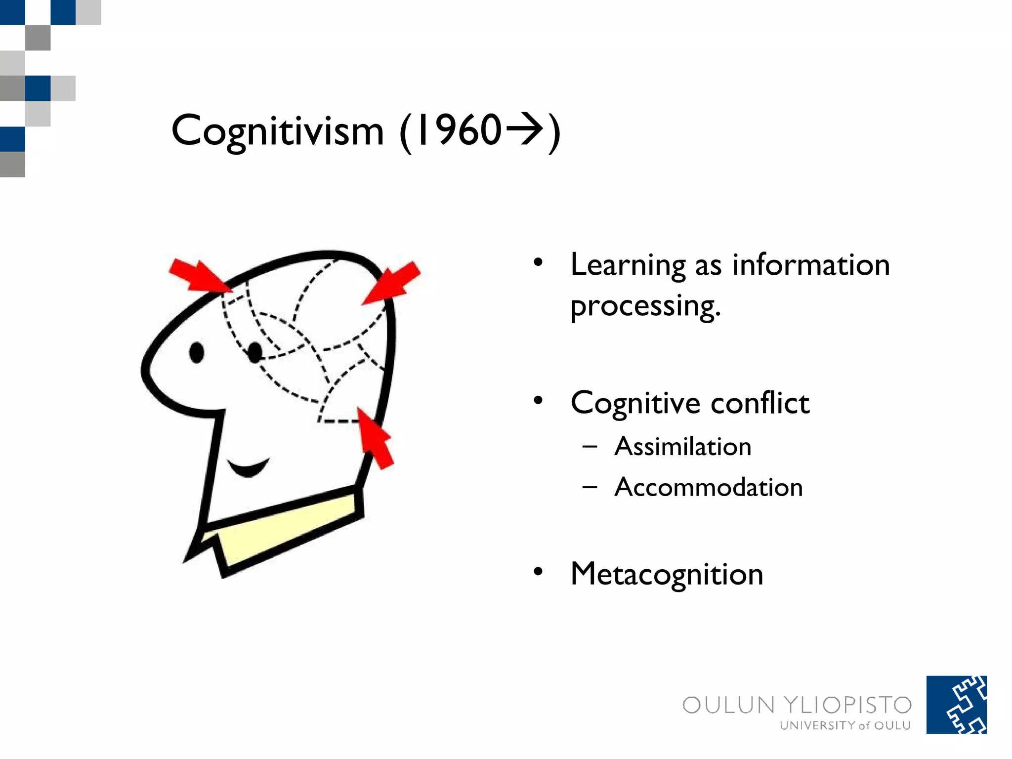 Cognitivism (1960) 
• Learning as information 
processing. 
• Cognitive conflict 
– Assimilation 
– Accommodation 
• Metacognition 
 