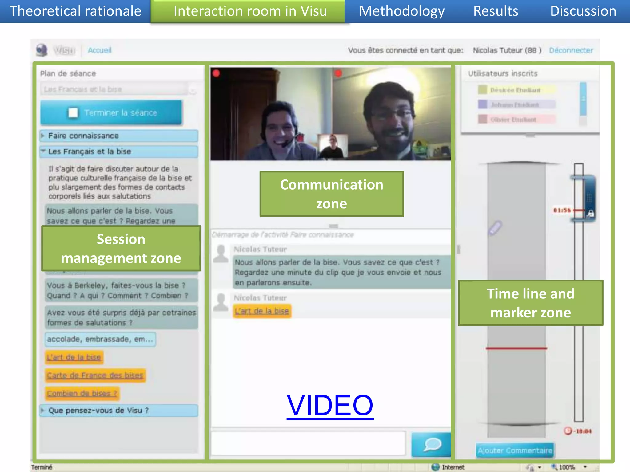 Traces in VisuTheoretical rationaleVisu and its context of useMethodologyResultsDiscussion123Interaction tracesrecorded automaticallyduring the interaction 1tMarker-based tracesset by the tutor during the interaction in the interaction room2Comment-based tracesset by the tutor after the interaction in the retrospection room3
