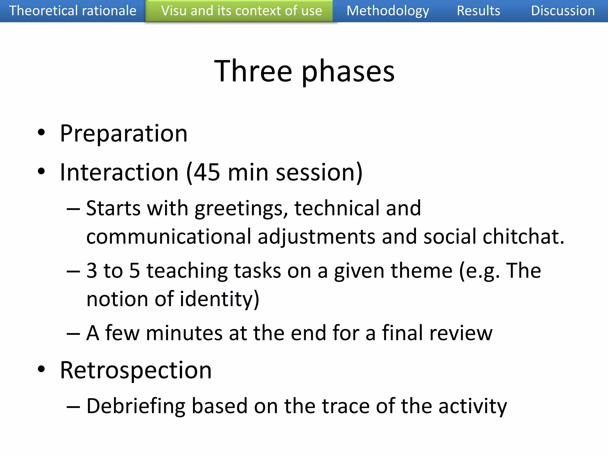 Theoretical rationaleVisu and its context of useMethodologyResultsDiscussion… to intermediate-level French students at UC Berkeley for 7 weeks. 