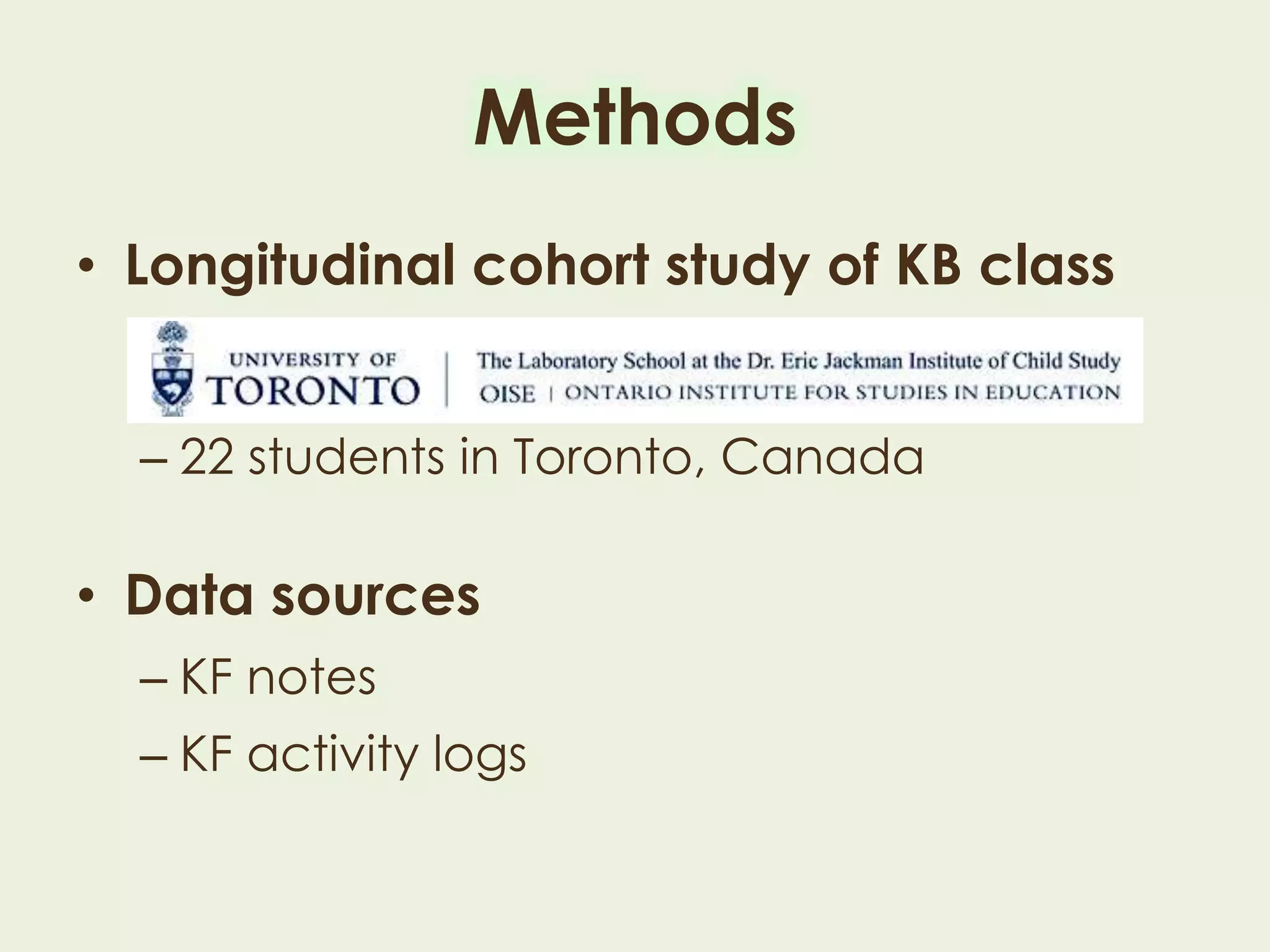 Methods
• Longitudinal cohort study of KB class
– 22 students in Toronto, Canada
• Data sources
– KF notes
– KF activity logs
 