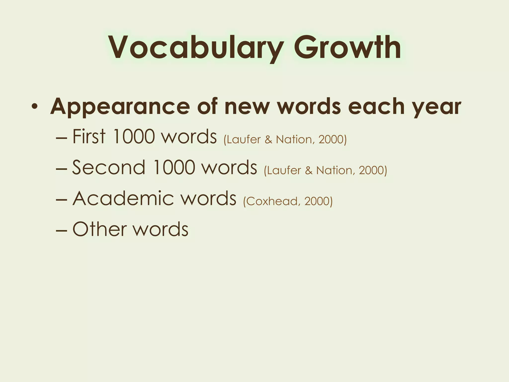 Vocabulary Growth
• Appearance of new words each year
– First 1000 words (Laufer & Nation, 2000)
– Second 1000 words (Laufer & Nation, 2000)
– Academic words (Coxhead, 2000)
– Other words
 