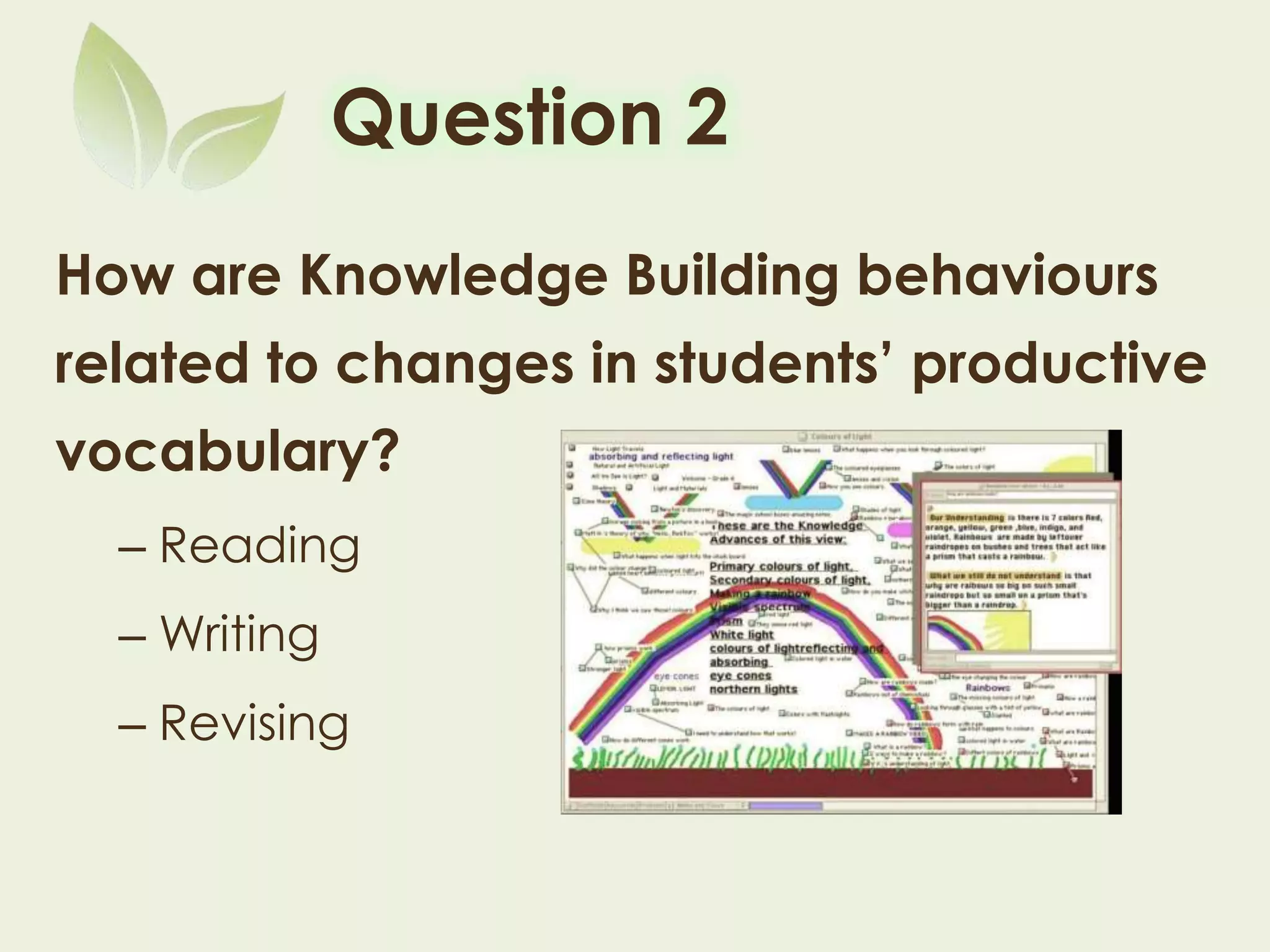Question 2
How are Knowledge Building behaviours
related to changes in students’ productive
vocabulary?
– Reading
– Writing
– Revising
 