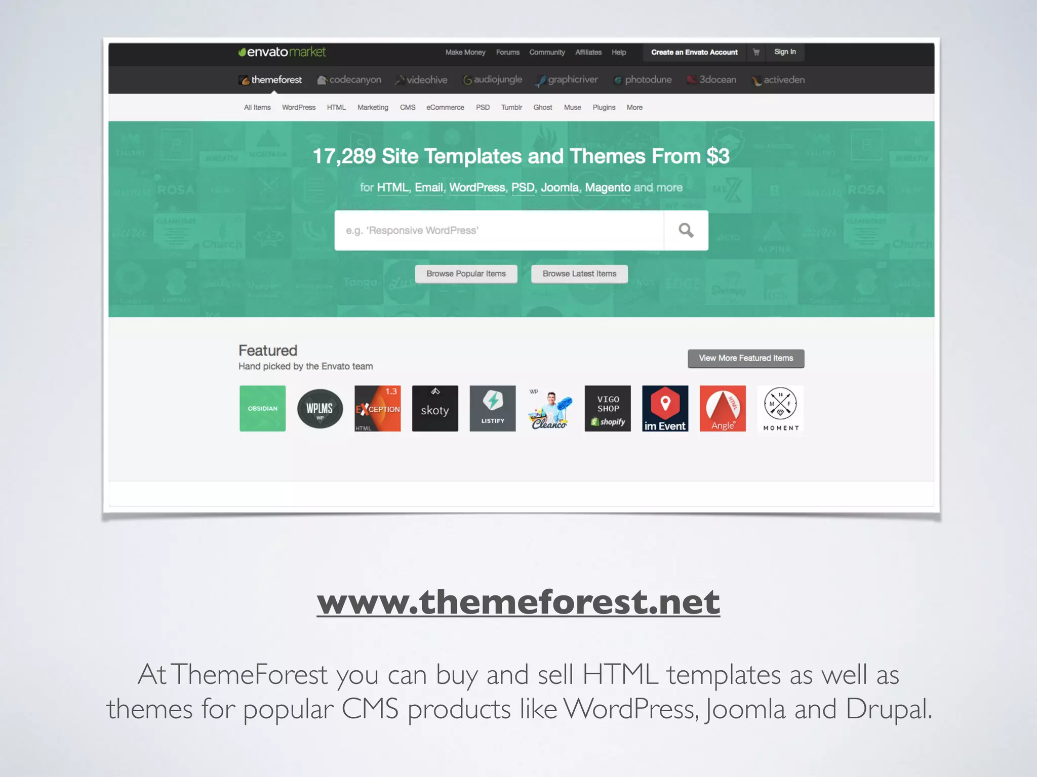 www.themeforest.net
AtThemeForest you can buy and sell HTML templates as well as
themes for popular CMS products like WordPress, Joomla and Drupal.
 