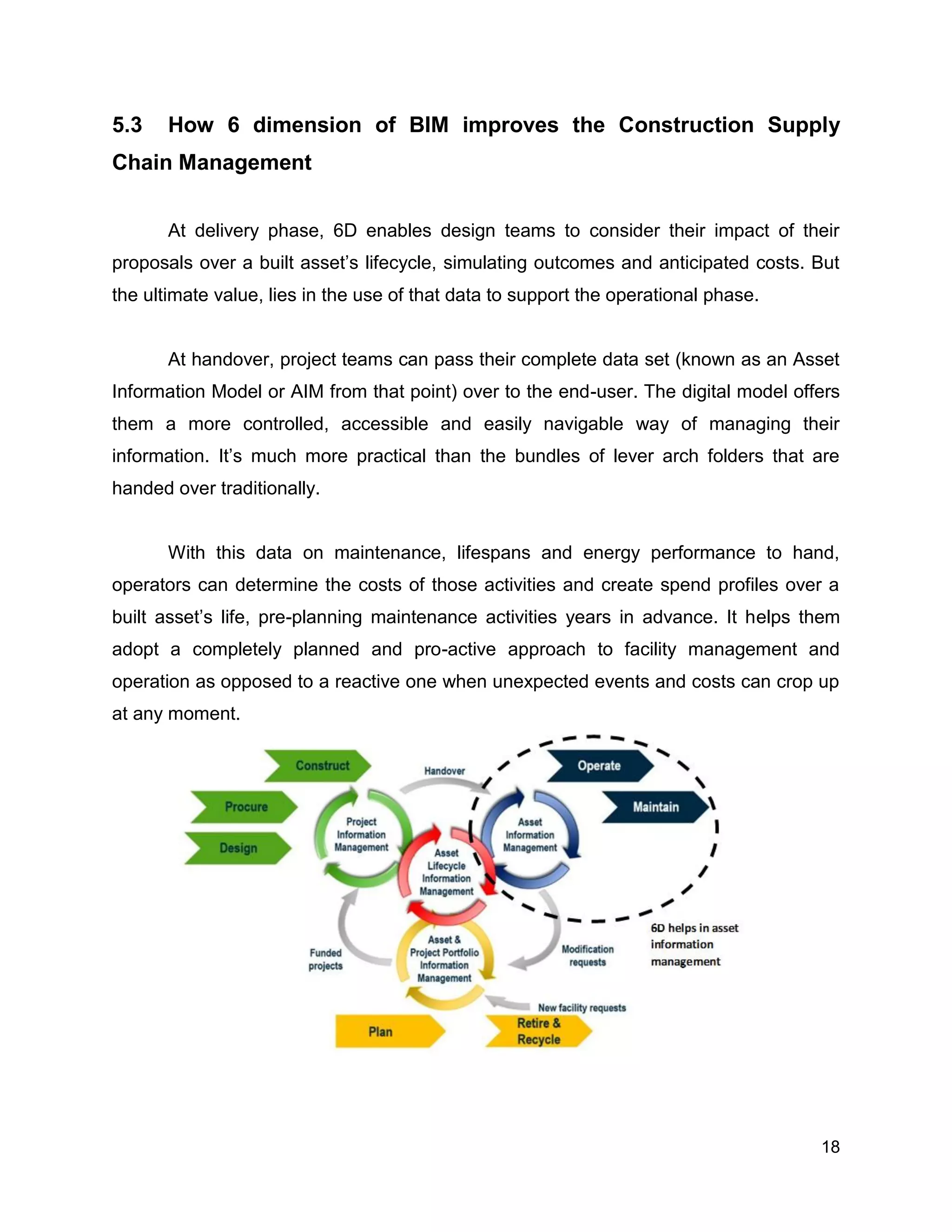 18
5.3 How 6 dimension of BIM improves the Construction Supply
Chain Management
At delivery phase, 6D enables design teams to consider their impact of their
proposals over a built asset’s lifecycle, simulating outcomes and anticipated costs. But
the ultimate value, lies in the use of that data to support the operational phase.
At handover, project teams can pass their complete data set (known as an Asset
Information Model or AIM from that point) over to the end-user. The digital model offers
them a more controlled, accessible and easily navigable way of managing their
information. It’s much more practical than the bundles of lever arch folders that are
handed over traditionally.
With this data on maintenance, lifespans and energy performance to hand,
operators can determine the costs of those activities and create spend profiles over a
built asset’s life, pre-planning maintenance activities years in advance. It helps them
adopt a completely planned and pro-active approach to facility management and
operation as opposed to a reactive one when unexpected events and costs can crop up
at any moment.
 