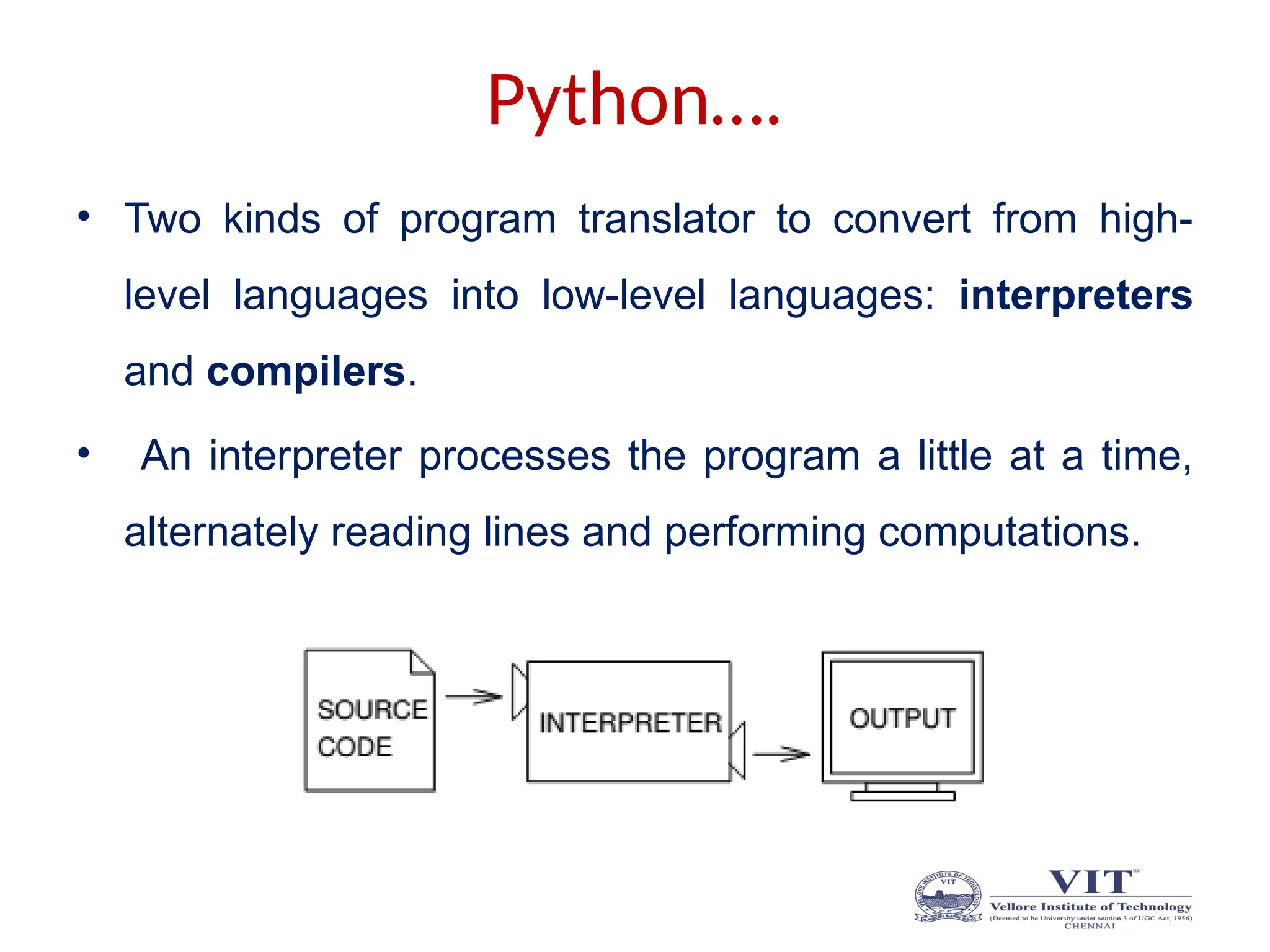 Python….
• Two kinds of program translator to convert from high-
level languages into low-level languages: interpreters
and compilers.
• An interpreter processes the program a little at a time,
alternately reading lines and performing computations.
 