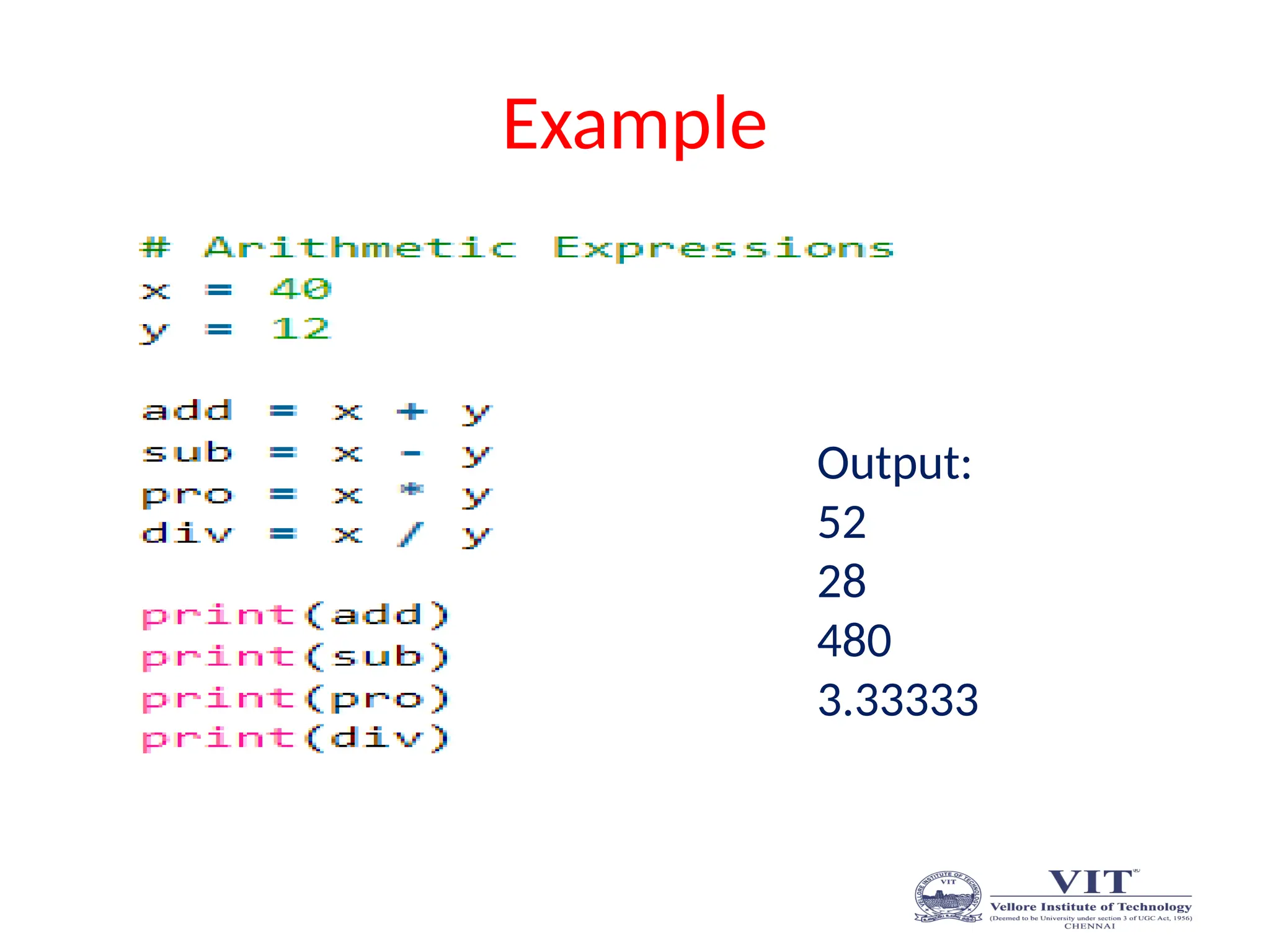 Example
Output:
52
28
480
3.33333
 