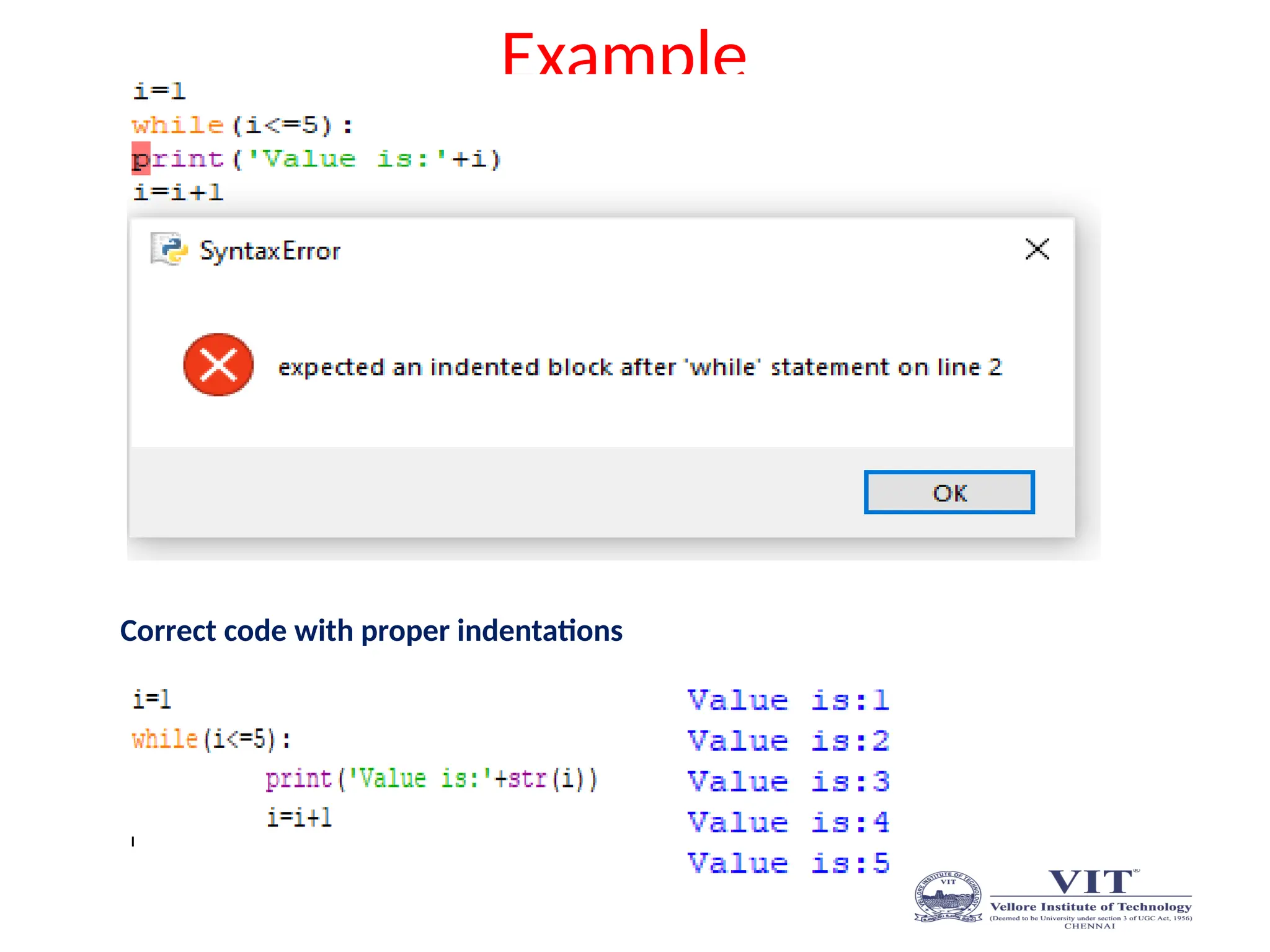 Example
Correct code with proper indentations
 