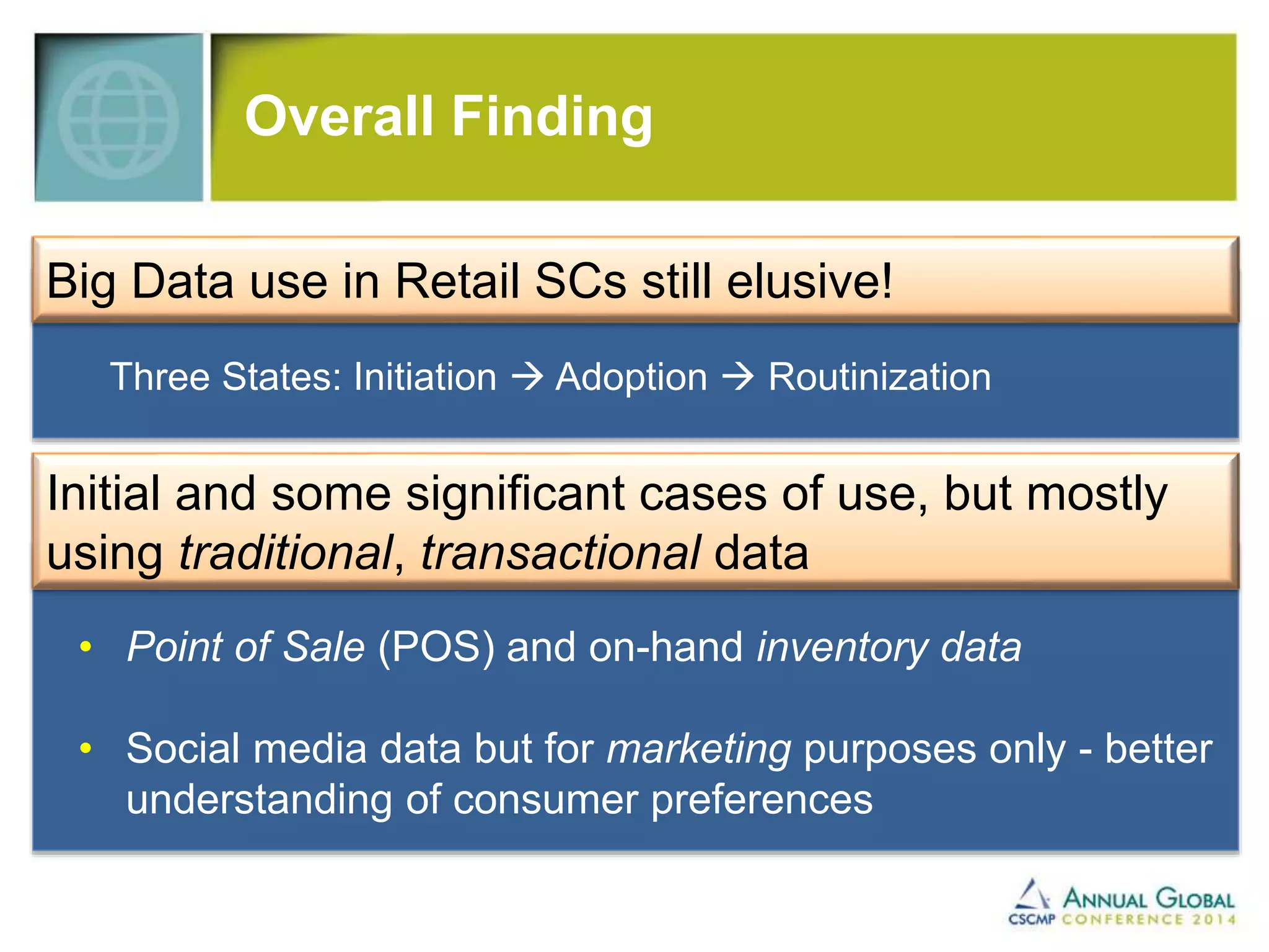 Overall Finding 
Big Data use in Retail SCs still elusive! 
Three States: Initiation  Adoption  Routinization 
Initial and some significant cases of use, but mostly 
using traditional, transactional data 
• Point of Sale (POS) and on-hand inventory data 
• Social media data but for marketing purposes only - better 
understanding of consumer preferences 
 