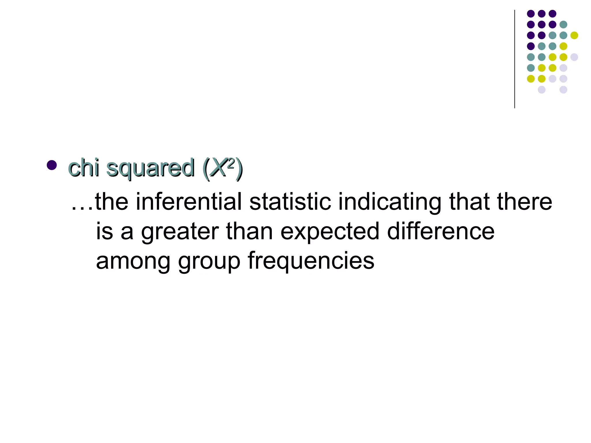 chi squared ( Χ 2 ) … the inferential statistic indicating that there is a greater than expected difference among group frequencies 
