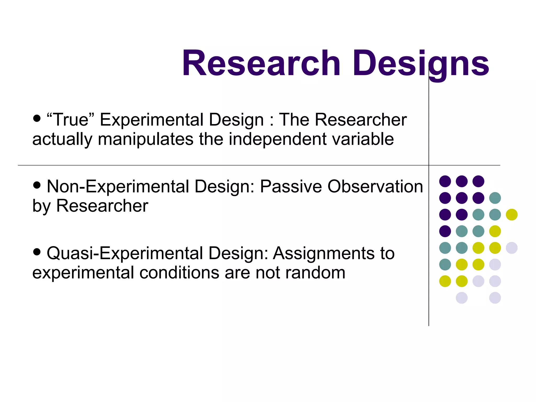 Research Design s “ True” Experimental Design : The Researcher actually manipulates the independent variable Non-Experimental Design: Passive Observation by Researcher Quasi-Experimental Design: Assignments to experimental conditions are not random 