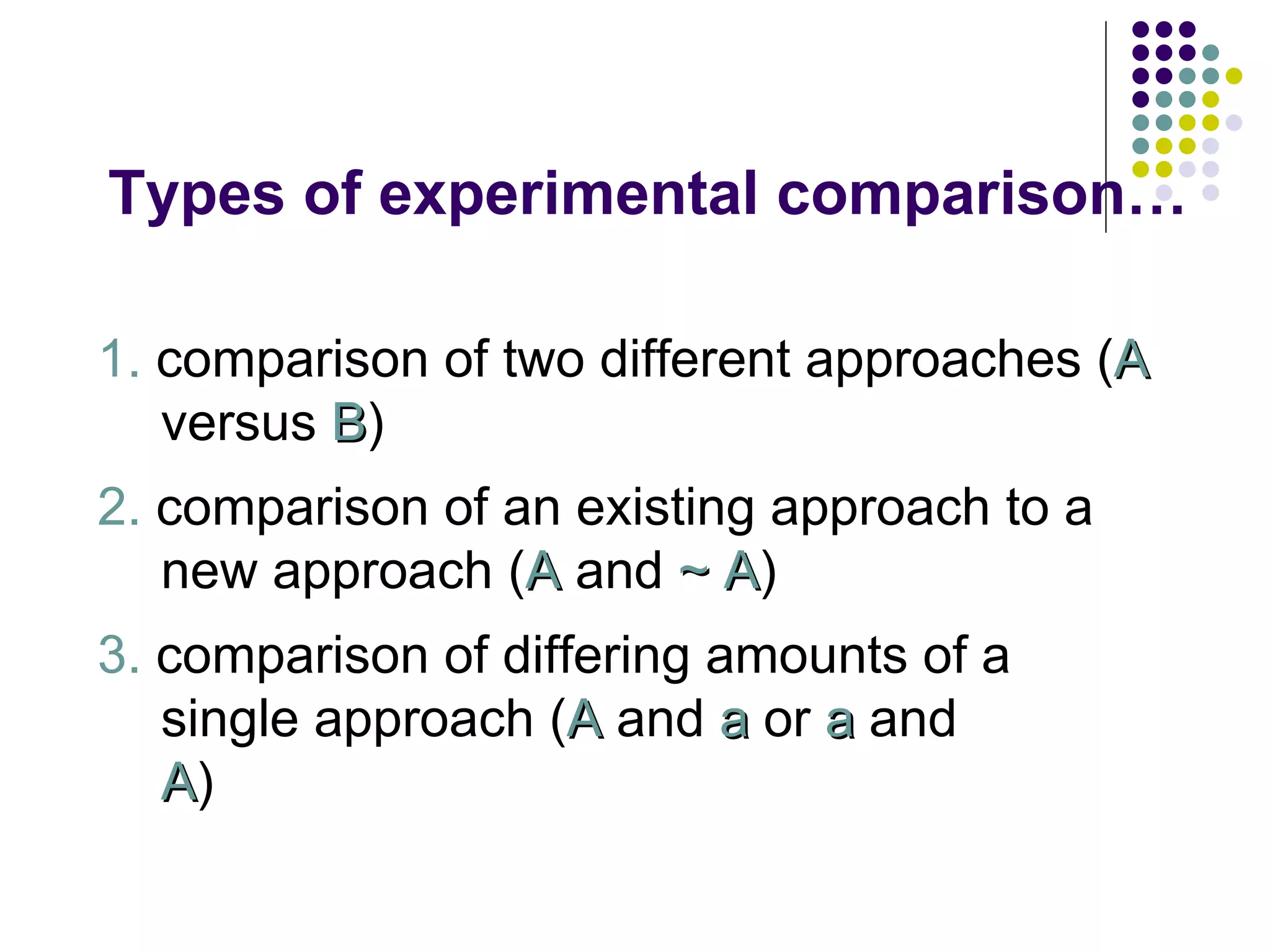 Types of experimental comparison… 1.  comparison of two different approaches ( A  versus  B ) 2.  comparison of an existing approach to a new approach ( A  and  ~  A ) 3.  comparison of differing   amounts of a single approach ( A  and  a  or  a  and  A ) 