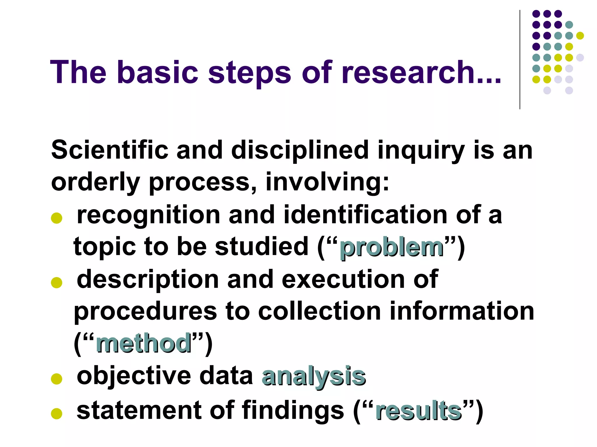 The basic steps of research... Scientific and disciplined inquiry is an orderly process, involving:    description and execution of procedures to collection information (“ method ”)    objective data  analysis    statement of findings (“ results ”)    recognition and identification of a topic to be studied (“ problem ”) 