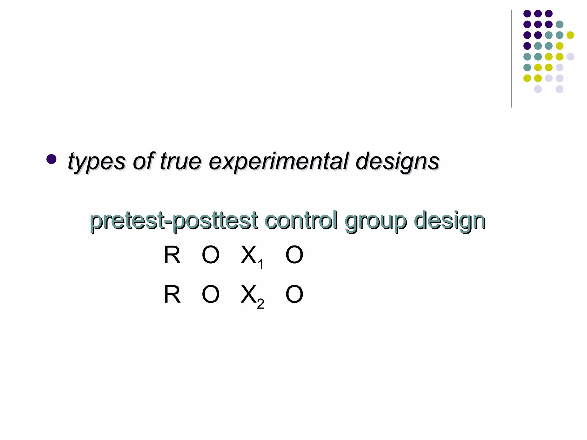 types of true experimental designs pretest-posttest control group design R  O  X 1   O R  O  X 2   O 