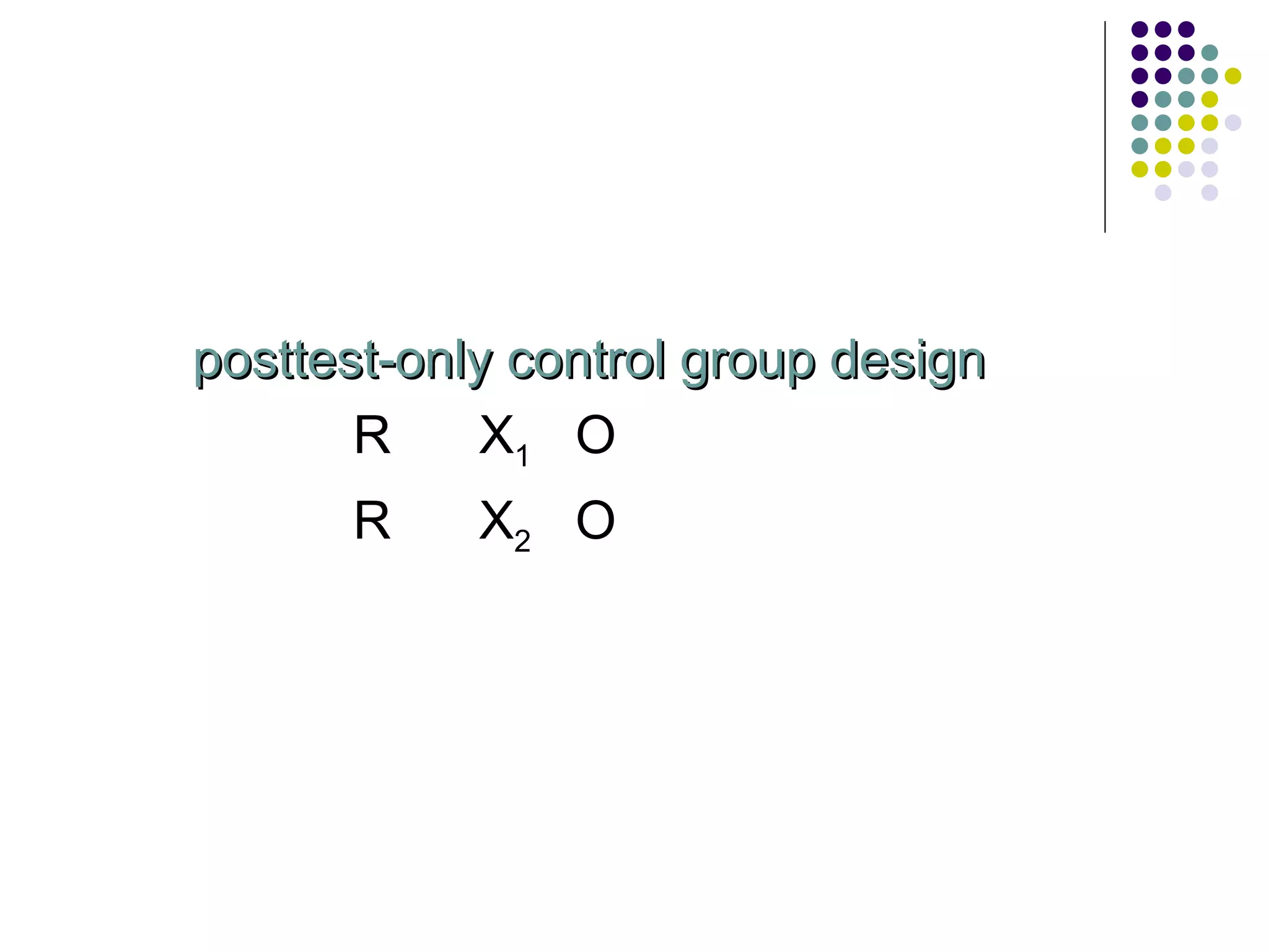 posttest-only control group design R  X 1   O R  X 2   O 