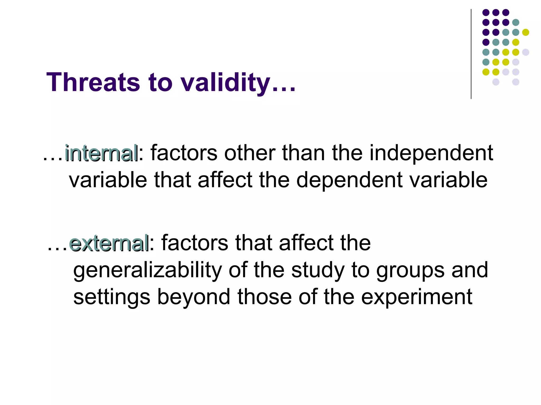 Threats to validity… … internal : factors other than the independent variable that affect the dependent variable … external : factors that affect the generalizability of the study to groups and settings beyond those of the experiment 