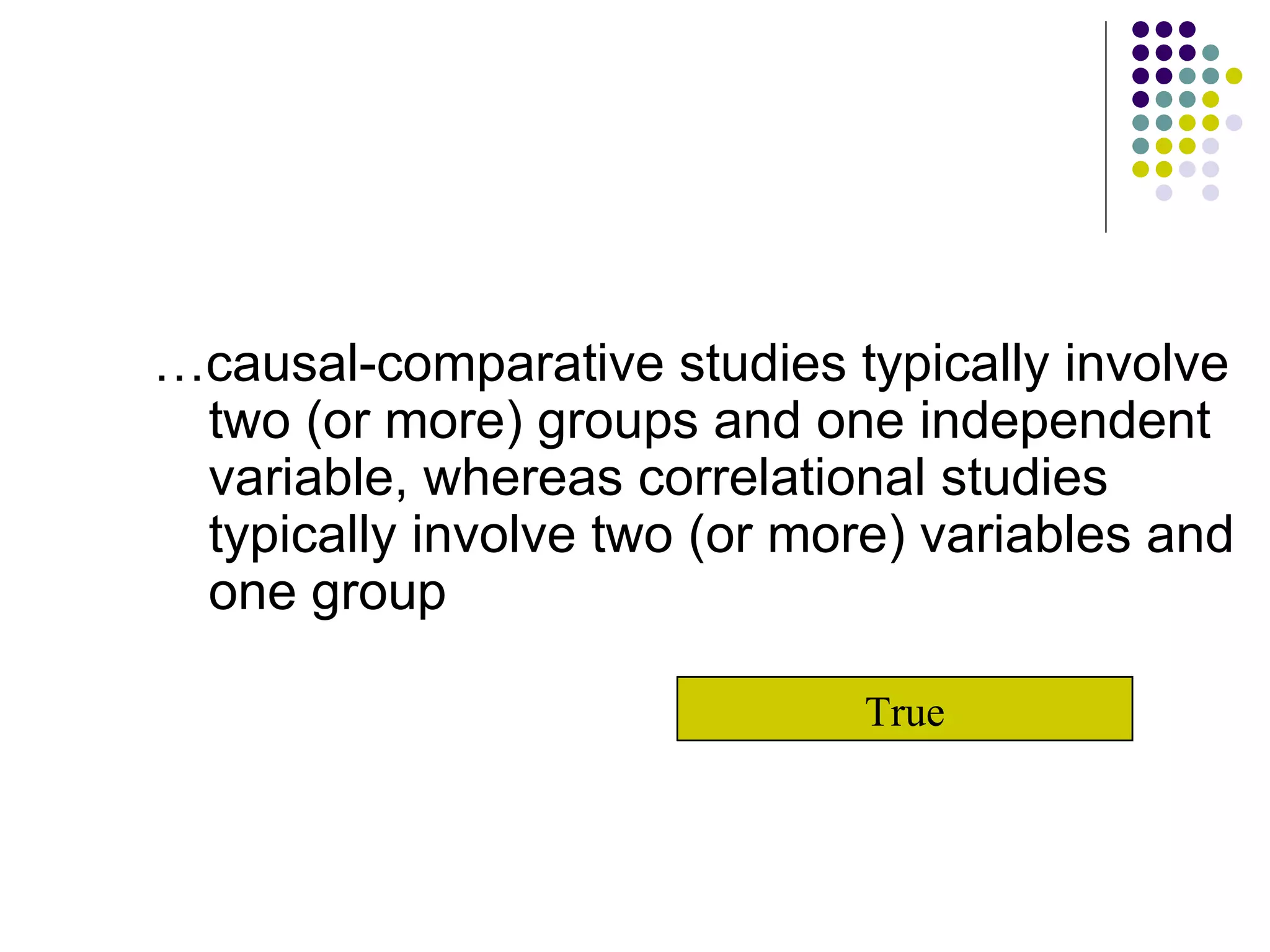 … causal-comparative studies typically involve two (or more) groups and one independent variable, whereas correlational studies typically involve two (or more) variables and one group True 