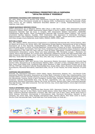 RETI NAZIONALI PROMOTRICI DELLA CAMPAGNA
“UN’ALTRA DIFESA E’ POSSIBILE”
CONFERENZA NAZIONALE ENTI SERVIZIO CIVILE:
Acli, Aism, Anpas, Anspi, Arci Servizio Civile, Associazione Comunità Papa Giovanni XXIII, Avis nazionale, Caritas
Italiana, Cesc, Cnca, Commissione sinodale per la diaconia (CSD), Confederazione Nazionale Misericordie d’Italia,
Cong. P.S.D.P. Ist. don Calabria, Federazione SCS/CNOS Salesiani per il sociale, Federsolidarietà/CCI, Focsiv,
Legacoop, Unpli, Uildm.
FORUM NAZIONALE SERVIZIO CIVILE:
ADACS (Associazione per la Diffusione dell’Arte della Cultura e dello Sport), ADOC, AGCI (Associazione Generale
Cooperative Italiane), IESEC, AIMAC (Associazione Italiana Malati di Cancro), AMESCI, Animalisti Italiani, ARTETECA,
Associazione Nazionale Vigili del Fuoco in Congedo, AON (Associazione Obiettori Nonviolenti), CODACONS,
Confederazione degli Studenti, CNUPI (Confederazione Nazionale delle Università Popolari Italiane), CUSI (Centro
Universitario Sportivo Italiano), Expoitaly, FAVO (Federazione delle Associazioni di Volontariato Oncologico),
Federconsumatori, FISH (Federazione Italiana Superamento Handicap), GIOSEF, Giovani Democratici, Giovane Italia,
GUS Onlus (Gruppo Umana Solidarietà, Guido Puletti), MODAVI, ONMIC, OPES, UNEC.
RETE DELLA PACE:
ACLI, ADL, AGESCI, ANSPS, Associazione di Cooperazione e di Solidarietà Internazionale AOI, Archivio Disarmo, ARCI,
Arci Bassa Val di Cecina, Arci Verona, ARCS, ASC, Associazione Perugia Palestina, Associazione per la Pace di Modena,
Associazione per la Pace Nazionale, AssoPacePalestina, AUSER Nazionale, CGIL Nazionale, CGIL Verona, CNCA,
Comunità araba siriana in Umbria, Comunità Palestinese, Coordinamento Comasco per la Pace, Coordinamento per la
Pace in Comune Milano, Encuentrarte, Fiom-Cgil, Focsiv, Fondazione Angelo Frammartino Onlus, Fondazione culturale
responsabilità Etica, IPRI, Rete CCP, Ipsia, Lega per i Diritti dei Popoli, Legambiente, Link2007 Cooperazione in Rete,
Coordinamento Universitario, Lunaria, Mezza Luna Rossa palestinese, MIR, Movimento europeo – Movimento non
violento, Nexus Emilia Romagna, Per il mondo onlus, Peacewaves, Piattaforma ong MO, Rete degli Studenti Medi, Rete
della Conoscenza, Rete della pace umbra, Tavola della Pace Valle Brembana, Tavola pace Val di Cecina, Tavola Sarda
della Pace, Tavola della Pace di Bergamo, U.S. ACLI, UDS, UDU, Uisp, Un ponte per…, Ventiquattro marzo Onlus.
RETE ITALIANA PER IL DISARMO:
ACLI, Archivio Disarmo, ARCI, ARCI Servizio Civile, Associazione Obiettori Nonviolenti, Associazione Comunità Papa
Giovanni XXIII, Associazione per la Pace,Assopace Palestina, Beati i costruttori di Pace, Campagna Italiana contro le
Mine, Centro Studi Difesa Civile, Conferenza degli Istituti Missionari in Italia, Coordinamento Comasco per la Pace,
FIM-Cisl, FIOM-Cgil, Fondazione Culturale Responsabilità Etica, Gruppo Abele, Libera, Movimento Internazionale della
Riconciliazione, Movimento Nonviolento, Osservatorio OPAL, Os.C.Ar. di Ires Toscana, Pax Christi, PeaceLink, Un ponte
per….
CAMPAGNA SBILANCIAMOCI!:
ActionAid, Adi, Associazione dottorandi e dottori italiani, Agices, Atreconomia, Antigone, Arci – Arci-Servizio Civile,
Associazione Obiettori Nonviolenti, Associazione per la Pace, Beati i Costruttori di Pace, Cipsi, Cittadinanzattiva, Cnca,
Comitato italiano contratto mondiale sull’acqua, Comunità di Capodarco, Conferenza Nazionale Volontariato e Giustizia,
Ctm Altromercato, Crocevia, Donne in Nero, Emergency, Emmaus Italia, FairWatch, Federazione degli Studenti, Fish,
Fondazione Culturale Responsabilità Etica, Icea, Gli Asini, Legambiente, Link, Lila, Lunaria, Mani Tese, Medicina
Democratica, Movimento Consumatori, Nigrizia, Pax Christi, Re:Common, Reorient Onlus, Rete Universitaria Nazionale,
Rete degli Studenti, Rete della Conoscenza, Terre des Hommes, Uisp, Unione degli Studenti, Unione degli Universitari,
Un Ponte per…, Wwf.
TAVOLO INTERVENTI CIVILI DI PACE:
Archivio Disarmo, ARCI, ARCS , Associazione Papa Giovanni XXIII, Operazione Colomba, Associazione per la pace,
Berretti Bianchi, Casa per la Pace Milano, Centro Gandhi Edizioni, Centro Studi Difesa Civile, Centro Studi, Sereno
Regis, Conferenza Nazionale Volontariato e Giustizia, IPRI, Rete Corpi Civili di Pace, Libera, Mondo Senza Guerre e
Senza Violenza, Movimento Internazionale di Riconciliazione Italia, Movimento Nonviolento, Operatori di Pace
Campania, Pax Christi Italia, Peace Brigades International Italia, Reorient ONLUS, Rete Artisti contro le Guerre,
Servizio Civile Internazionale Italia, Tavola della Pace Friuli Venezia Giulia, Un Ponte per….
 