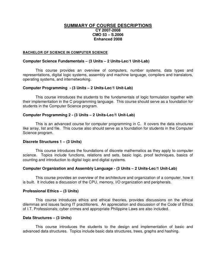 Perpetual Help C.S. Science) Course Description