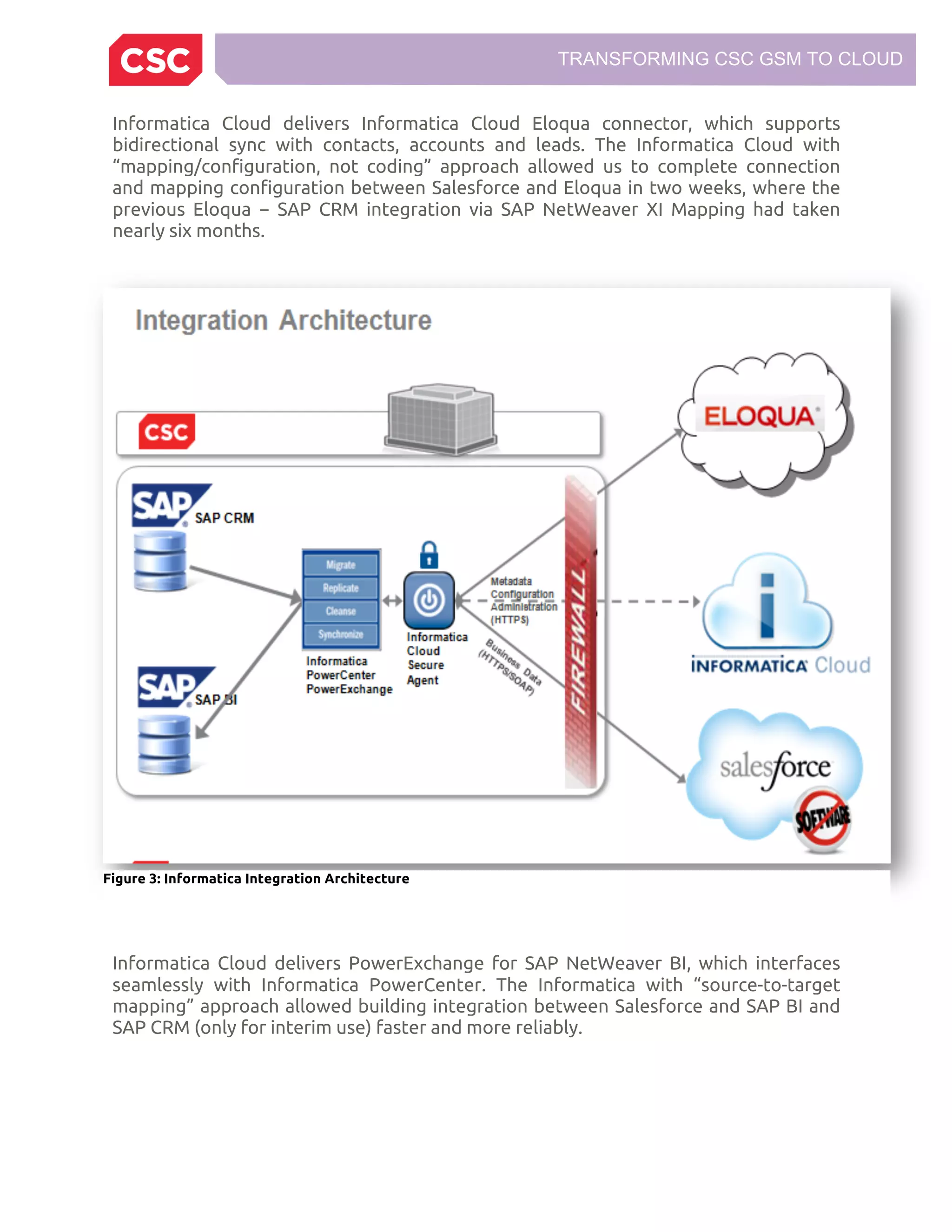 TRANSFORMING CSC GSM TO CLOUD
Informatica Cloud delivers Informatica Cloud Eloqua connector, which supports
bidirectional sync with contacts, accounts and leads. The Informatica Cloud with
“mapping/configuration, not coding” approach allowed us to complete connection
and mapping configuration between Salesforce and Eloqua in two weeks, where the
previous Eloqua − SAP CRM integration via SAP NetWeaver XI Mapping had taken
nearly six months.
Informatica Cloud delivers PowerExchange for SAP NetWeaver BI, which interfaces
seamlessly with Informatica PowerCenter. The Informatica with “source-to-target
mapping” approach allowed building integration between Salesforce and SAP BI and
SAP CRM (only for interim use) faster and more reliably.
Figure 3: Informatica Integration Architecture
 