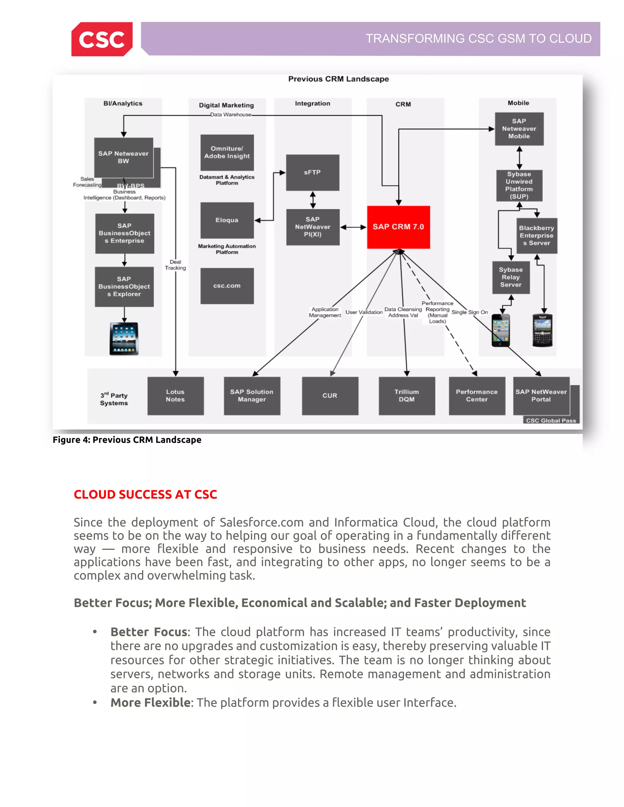 TRANSFORMING CSC GSM TO CLOUD
CLOUD SUCCESS AT CSC
Since the deployment of Salesforce.com and Informatica Cloud, the cloud platform
seems to be on the way to helping our goal of operating in a fundamentally different
way — more flexible and responsive to business needs. Recent changes to the
applications have been fast, and integrating to other apps, no longer seems to be a
complex and overwhelming task.
Better Focus; More Flexible, Economical and Scalable; and Faster Deployment
• Better Focus: The cloud platform has increased IT teams’ productivity, since
there are no upgrades and customization is easy, thereby preserving valuable IT
resources for other strategic initiatives. The team is no longer thinking about
servers, networks and storage units. Remote management and administration
are an option.
• More Flexible: The platform provides a flexible user Interface.
Figure 4: Previous CRM Landscape
 